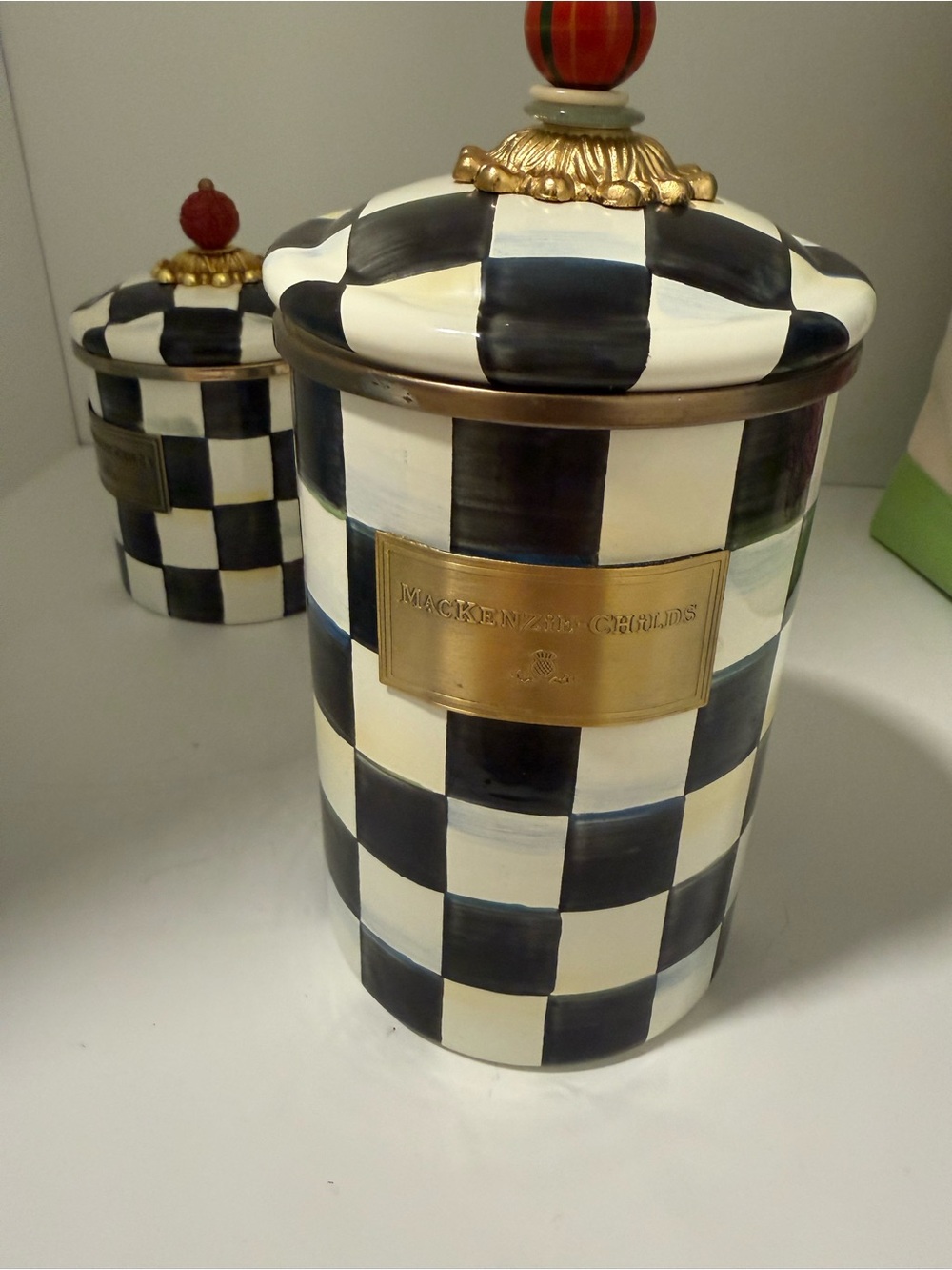 MacKenzie-Childs Black & White Courtly Check Large Canister with Tartan Finial